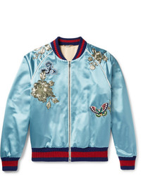 Gucci Appliqud Silk Satin Bomber Jacket