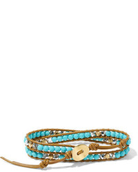 Chan Luu Leather Gold Tone Turquoise And Swarovski Crystal Wrap Bracelet