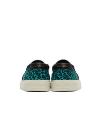 Saint Laurent Blue And Black Leopard Venice Slip On Sneakers