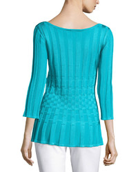 St. John Collection Checkered Bateau Neck 34 Sleeve Top Turquoise