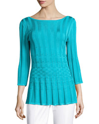 St. John Collection Checkered Bateau Neck 34 Sleeve Top Turquoise