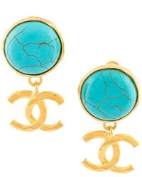 Chanel Vintage Turquoise Logo Clip On Earrings