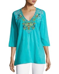 Johnny Was Mary Ann Embroidered Blouse Turquoise