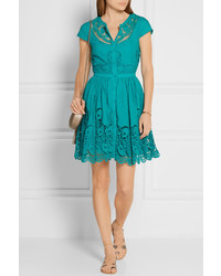 Alice + Olivia Kaley Crochet Trimmed Embroidered Cotton Mini Dress Turquoise