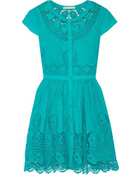 Alice + Olivia Kaley Crochet Trimmed Embroidered Cotton Mini Dress Turquoise