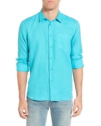Aquamarine Embroidered Linen Long Sleeve Shirt
