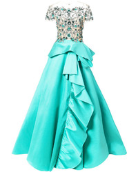 Aquamarine Embroidered Silk Evening Dress