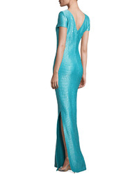 St. John Collection Khari Sequined Keyhole Short Sleeve Gown Turquoise
