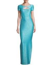 St. John Collection Khari Sequined Keyhole Short Sleeve Gown Turquoise