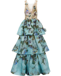 Marchesa Tiered Floral Print Silk Organza And Appliqud Lace Gown Blue