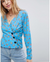 ASOS DESIGN Asos Wrap Long Sleeve Top In Bright Ditsy With Button Detail