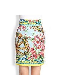 Dolce & Gabbana Floral Wheel Print Brocade Skirt Aqua Print