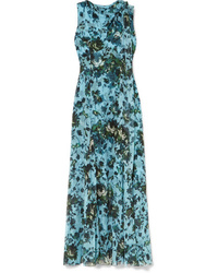Aquamarine Floral Silk Evening Dress