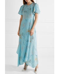 Diane von Furstenberg Floral Print Silk Crepe De Chine Maxi Dress Light Blue