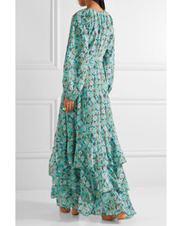 Figue Frederica Tiered Floral Print Silk Crepe De Chine Maxi Dress Turquoise