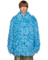 Dries Van Noten Blue Fluffy Faux Fur Coat
