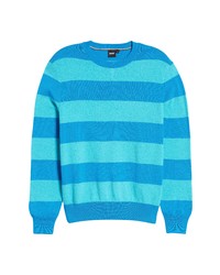 BOSS Eromeo Stripe Cotton Blend Crewneck Sweater In Bright Blue At Nordstrom
