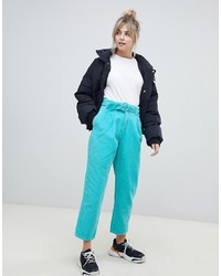 ASOS DESIGN Tapered Jeans With Curve Seam In Turquoise Cord With Self Belt