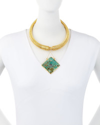 Devon Leigh Gold Dipped Mesh Collar Necklace W African Turquoise Pendant