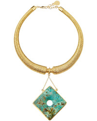 Devon Leigh Gold Dipped Mesh Collar Necklace W African Turquoise Pendant