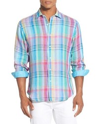 Aquamarine Plaid Linen Long Sleeve Shirt