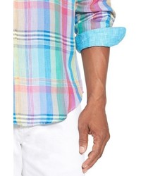 Bugatchi Shaped Fit Long Sleeve Plaid Linen Sport Shirt