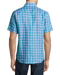 Neiman Marcus Plaid Linen Short Sleeve Sport Shirt Horizon