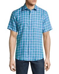 Neiman Marcus Plaid Linen Short Sleeve Sport Shirt Horizon