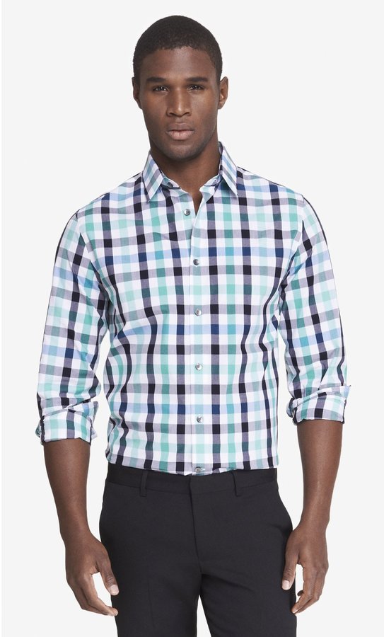 Express Fitted Plaid Dress Shirt, $69 | Express | Lookastic