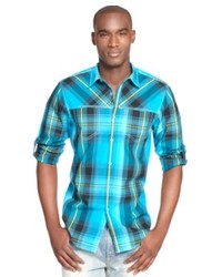INC International Concepts Shirt Long Sleeve Macaw Plaid Shirt