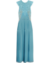 Aquamarine Pleated Satin Evening Dress