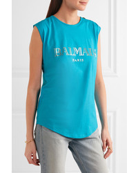 Balmain Button Embellished Printed Cotton Jersey Top Turquoise