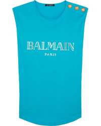 Balmain Button Embellished Printed Cotton Jersey Top Turquoise