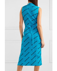 Balenciaga Wrap Effect Printed Ribbed Knit Midi Dress