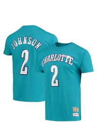 Mitchell & Ness Larry Johnson Teal Charlotte Hornets Hardwood Classics Name Number Logo T Shirt