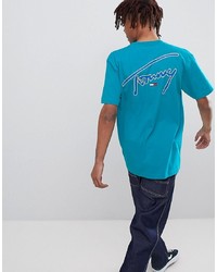 Tommy Jeans Signature Capsule Logo Front And Back Print T Shirt Relaxed Fit In Turquoise Blue
