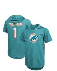 Majestic Threads Fanatics Branded Tua Tagovailoa Aqua Miami Dolphins Player Name Number Tri Blend Hoodie T Shirt