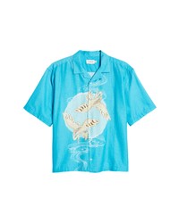 Topman Crane Oversize Short Sleeve Button Up Camp Shirt In Turquoise At Nordstrom