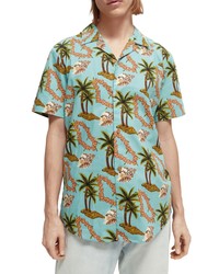 Scotch & Soda Hawaii Print Short Sleeve Cotton Button Up Shirt In Green At Nordstrom
