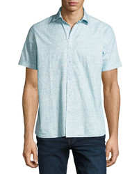 Neiman Marcus Marble Print Short Sleeve Shirt Turquoise