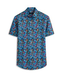 Bugatchi Shaped Fit Stretch Print Short Sleeve Button Up Shirt In Teal At Nordstrom
