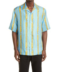 Versace Chain Pinstripe Short Sleeve Silk Button Up Camp Shirt In Sky Multicolor At Nordstrom