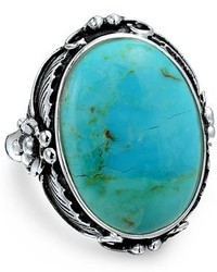 Bling Jewelry Oval Blue Turquoise Gemstone Sterling Silver Leaf Flower Ring