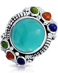 Bling Jewelry Round Turquoise Coral Lapis 925 Silver Gemstone Statet Ring