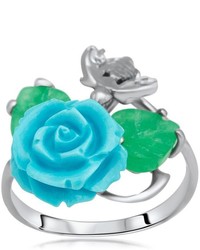 Fleur Collection Silver Ring With Turquoise Rose Center Piece And Jade Leaf And Bee Accents By Drukker Designs