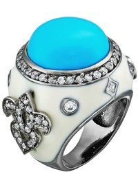 Sophie Miller Simulated Turquoise Cubic Zirconia Black Rhodium Plated Sterling Silver Fleur De Lis Ring