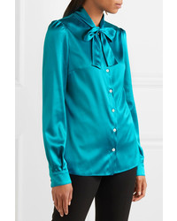 Dolce & Gabbana Pussy Bow Silk Blend Satin Blouse Turquoise
