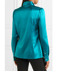 Dolce & Gabbana Pussy Bow Silk Blend Satin Blouse Turquoise