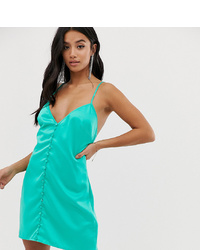 Missguided Petite Satin Slip Dress With Button Detail In Green