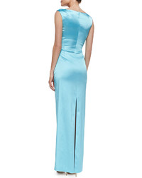 Talbot Runhof Colly V Neck Side Ruched Gown Aqua